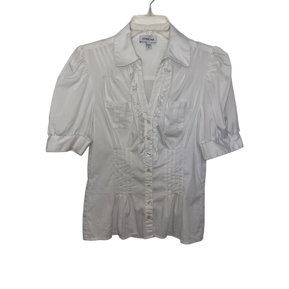 Bebe White Ruffle Front Puff Sleeve Top M Y2K Twee Indie Sleaze Academia